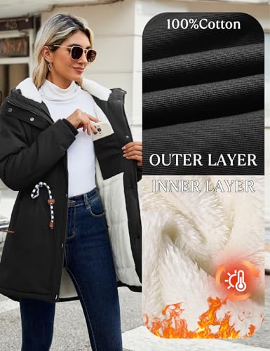 Xnova Wintermantel Damen Winterjacke Parka Lang Warm Gefütterter mit Kapuze, Teddyfleece Mäntel Reißverschluss Winterparka Mittlere Baumwolle Kapuzenmantel Fleece Wärme Frauen(Schwarz, M)