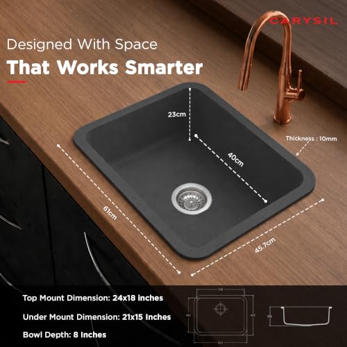 Image of Carysil Q 320 GRANDE Quartz Kitchen Sink 24 x 18 x 8 inches, Single Bowl, 80% Quartz & 20% Resin, Heat Resistant 300C, 50kg Load, Scratch & Stain Resistant, Granite Sink, 304 SS Coupling - Arena