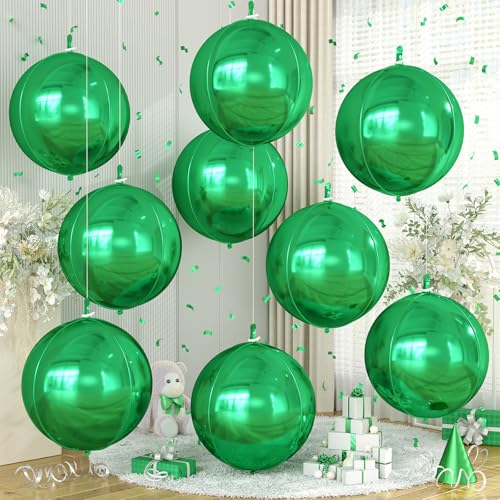 Image of 9 Pcs Green Round Foil Balloons,22 Inch Metallic Green Round Balloons | Giant 4D Round Ball Balloons Green For St Patrick's Day Birthday Baby Shower Jungle Safari Party Decorations