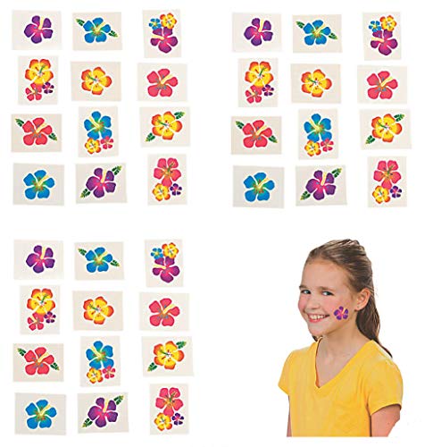 144 Colorful Glitter Hibiscus Temporary Tattoos ~ Hawaiian Luau Party Favors ~ Classroom Rewards ~ Goody Bags
