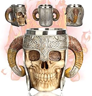 Stainless Steel Skull Beer MugViking Warrior Skull Mug Tankard, Realistic Skull Mug, Skull Mug Stainless Steel Tankard Mug Coffee Tea Water Drinking Cup for Party or Bar
