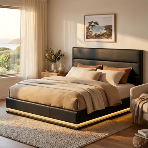 Artiss Queen Bed Frame Storage Platform Base Headboard and Gas Lift, Upholstered in Black Leather for Bedroom Home Furniture Decor