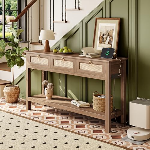 SUPERJARE Rattan Console Sofa Table with Outlets and USB-C Port, 3 Drawer Entryway Table with Synthetic Rattan Surface, Open Shelf, Behind Couch Entry Foyer Hallway Storage, Brown by SUPERJARE - Image 9