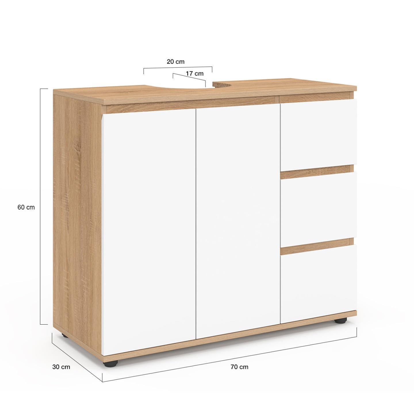 IDMarket - Meuble sous lavabo Salle de Bain TOMI avec Placard et 3 tiroirs façon hêtre et Blanc
