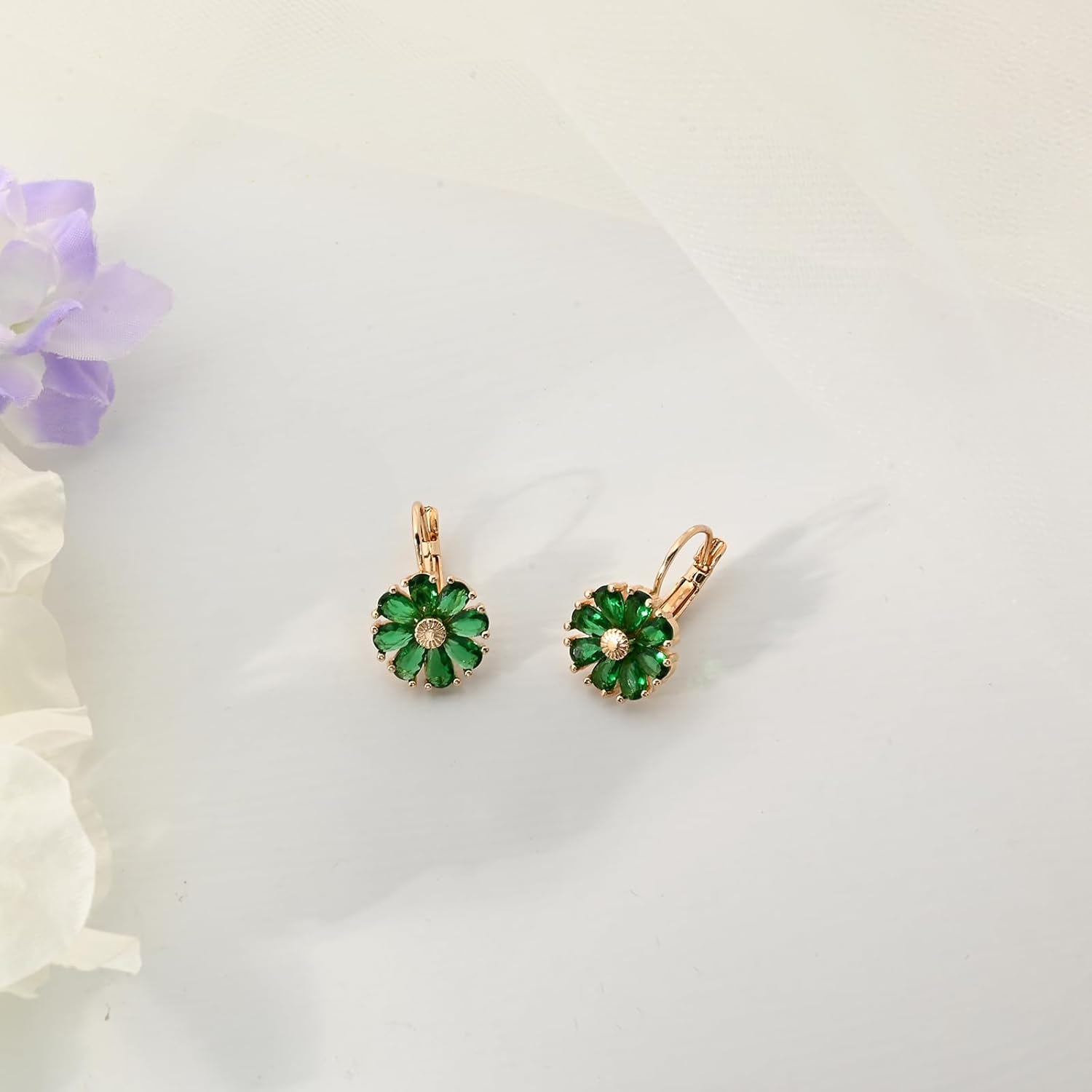 Gold Plated Flower Earrings Birthstone Leverback Earrings Hypoallergenic Vintage Floral Earrings for Women Trendy - Image 6