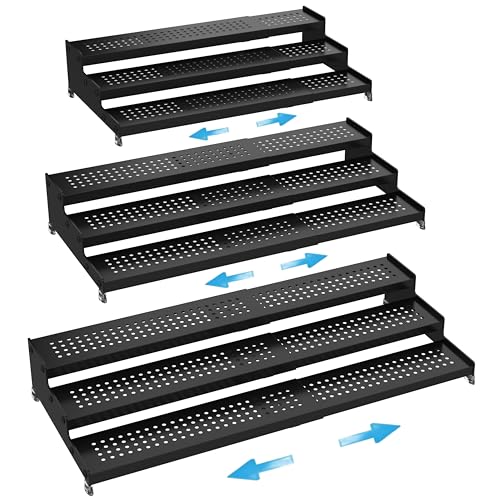Expandable Spice Rack organizer with 3-Tier step shelf,Modern Design heavy duty,Non Skid and Visibility ,Great for Kitchen Cabinet,Bathroom,dressing table,Cupboard, Pantry and more(3PACKS/BLACK)