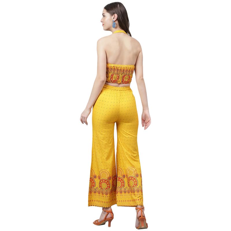 Image of Women's Boho Sleeveless Yellow Crop Top and Wide-Leg Pant Set with Intricate Border Print for Party Birthday | Western Dress for Women