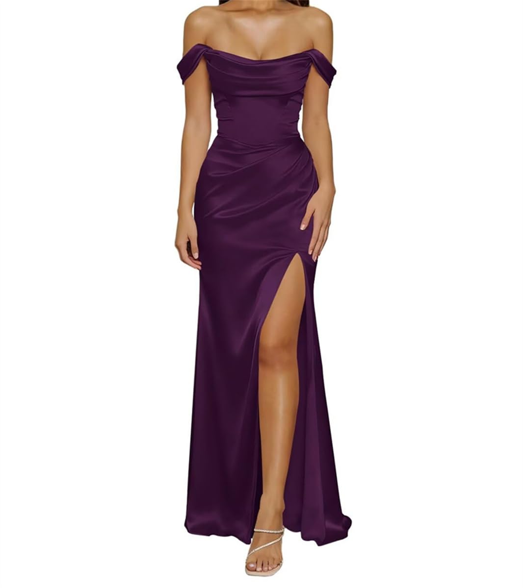 Robe de demoiselle d'honneur satinée col bénitier violet 56 - 8