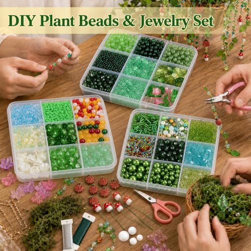 Image of 4248 Pcs Beaded Plant Kit, Green Beads for Beaded Plants with LED Lights