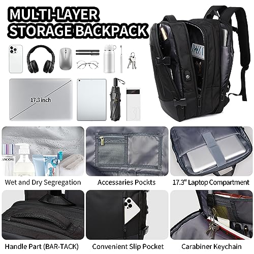 Waterproof Travel Backpack for Women Men, 44L Carry On Backpack with USB Charging Port, 17.3" Laptop Back Pack, Personal Item Bag for Airlines Approved, Business Bag Casual Daypack 1680D3