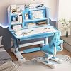 Kids Desk and Chair Set, Ergonomic Height Adjustable, Study Desk with Bookshelf, Book Stand, Metal Hook and Storage Drawer for Boys Girls,Student Writing Desk for 5-12 Years Blue