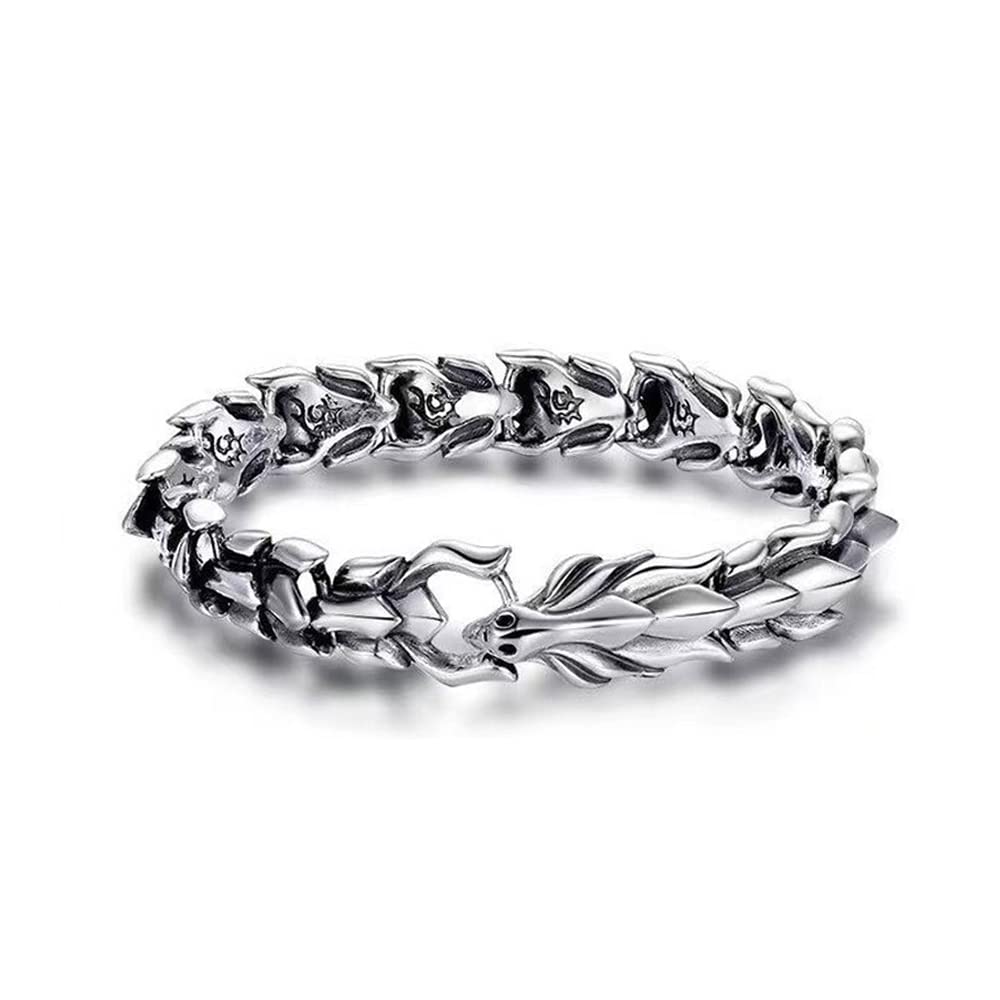 Youery Pulsera hueso de dragón, pulsera bañada en plata, diseño hip hop vintage, pulsera para hombre, longitud 19,5 cm, adecuada para una circunferencia de muñeca de 16,5-18,5cm.