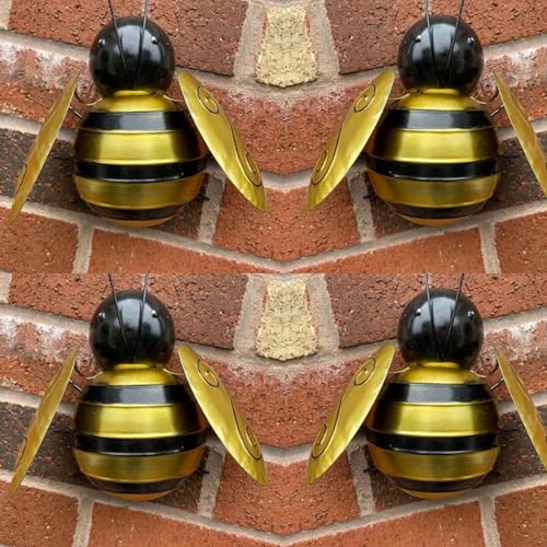 Image of MD MUZ 4 x Metal Bumble Bee Wall Art Decoration, Garden Ornament, Black and Gold. Garden Metal hanging or free standing bees