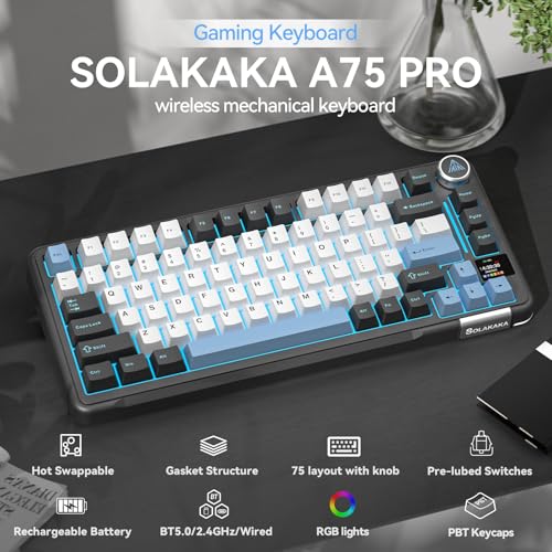 Image of SOLAKAKA A75 PRO Black Gaming Keyboard 75% Wireless Mechanical with Screen and Knob, RGB Backlit Hot Swappable Gasket Pre-lubed PBT Keycaps for PC /Mac /Win