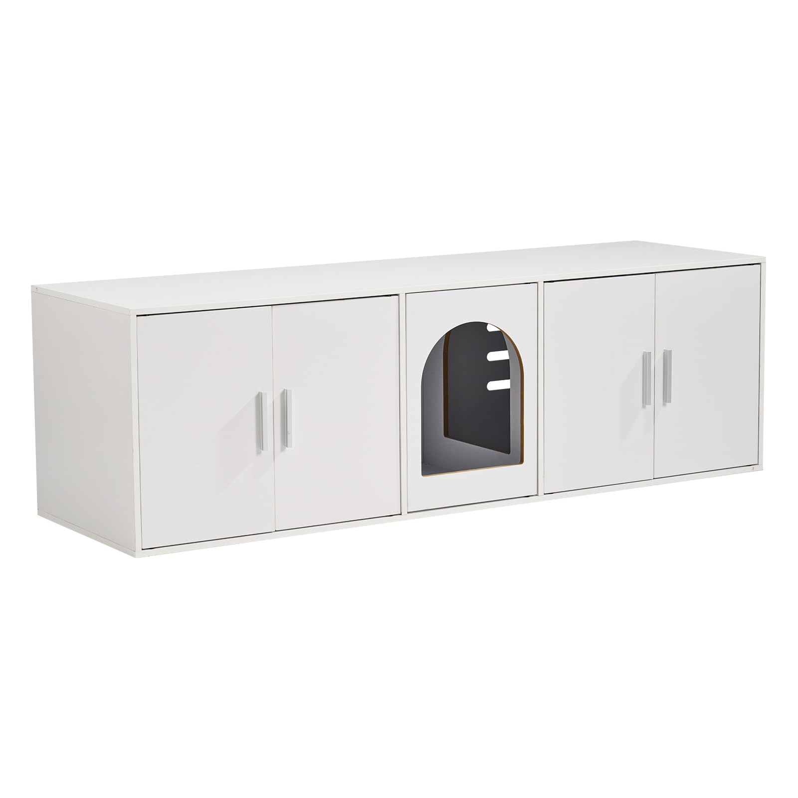 VEVOR Muebles de Baño Oculto para Gatos 1,47 x 0,46 x 0,45 m Casa de Inodoro Con Puertas Decoradas de Ratán Armario de Madera para Ocultar Las Cajas de Arena, Blanco