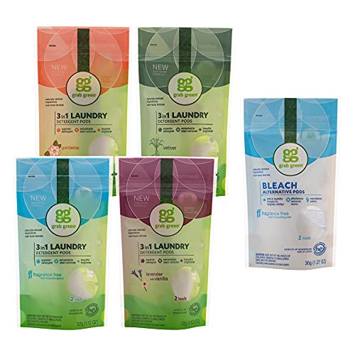Grab Green Natural 3 in 1 Laundry Detergent Pods + Bleach Alternative 5 Piece Mini Sample Kit