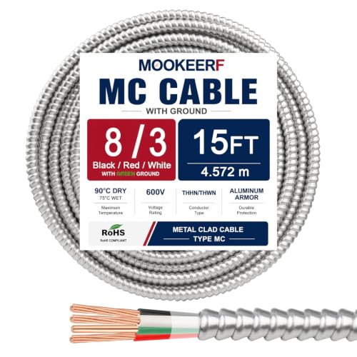 Image of MOOKEERF 8 /3 MC Cable with Ground - 15FT Pure Copper 8AWG /3 Metal Clad Wire with Aluminum Armor 8 Gauge 3 Conductor Type MC Alum Cable