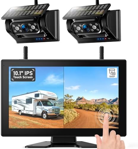 10 Zoll Solar Magnetische Rückfahrkamera Kabellos, Touch Screen, 2 Kameras | 1080P Touchscreen IPS Monitor, 1-Min Einrichtung, IP69K Wasserdicht für Wohnmobile,Anhänger und LKWs