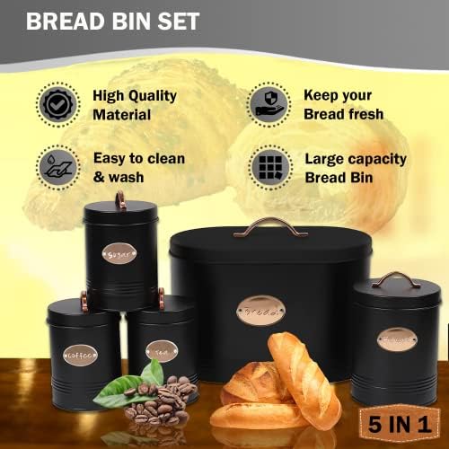 5PC Kitchen Food Storage Set Bread Bin, Biscuit Tin and Tea, Coffee & Sugar Canister Set, Vintage Classic Inspired Metal Storage Set BY Crystals® (Black)