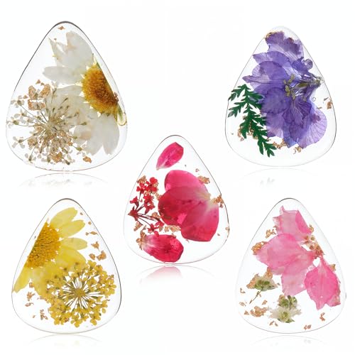 5 Pcs Flower Guitar Picks, Dried Flower PET Guitar Picks Stylish Colorful Cool Guitars Pick Floral Bass Pick for Acoustic Guitars Electric Ukulele Bass Classical Triangle