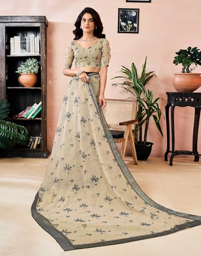 Image of SIRIL Women's Printed Cotton Linen One Minute Ready to Wear Saree With Unstitched Blouse Piece