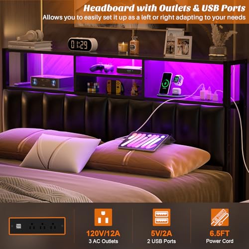 Image of Aheaplus Headboard for Queen Size Bed with Storage, Upholstered Headboards | with Outlets, USB Ports and LED Light, Reversible Queen Size Head Board, Height Adjustable, Comfortable Headboard, Black