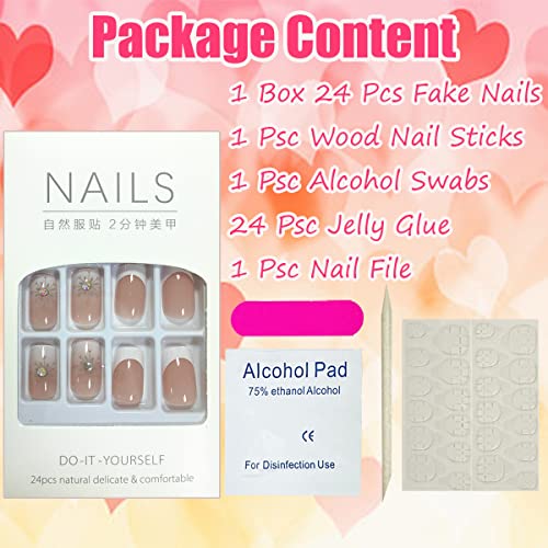 White French Tip Press On Nails Short Square False Nails With Snowflake Rhinestones Designs Fake Nails Nude Pink Full Cover Coffin Glue On Nails Artificial Acrylic Nails For Women Girls 24 Pcs #TOP5