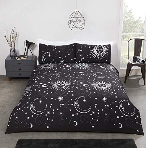 RAVALI Celestial Astronomy Moon Stars Sun Metallic Duvet Cover Set (Black & Silver, Single)