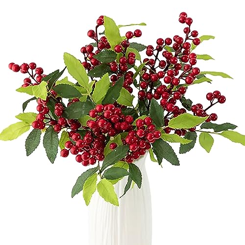 Emivery 10Pcs Faux Red Berry Branches, Christmas Holly Berries with Green Leaves Artificial Berry Stems Faux Berry Picks for Christmas Tree Ornaments Home Table Decor