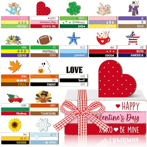 Valentine\'s Day Interchangeable Seasonal Decor Wooden Valentines Tiered Tray Decor Highland Cow Decor Book Block Stack Sign Farmhouse Table Decor for Mantel Shelves Office Love Gifts(Book Block)