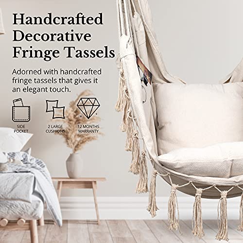 Komorebi Hammock Chair | Hanging Rope Swing For Indoor & Outdoor | Soft & Durable Cotton Canvas | 2 Cushions Included | Large Macrame Hanging Chair With Pocket For Bedroom, Patio, Porch (Ivory) #TOP3
