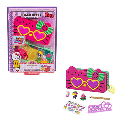 HELLO KITTY Sanrio Hello Kitty coffret Trousse et Accessoires Fête à la plage avec 2 figurines, gomme, règle, crayon et stickers, jouet pour enfant, GVC40