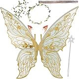 Fairy Wings for Adults，Fairy Costume Set with Floral Garland, Fairy Hair Tinsel, Wand & Elf Ears – 29'x21' Organza Butterfly Wings – Ideal for Cosplay, Party, Gold