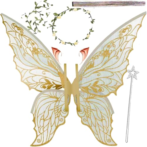 Fairy Wings for Adults, Fairy Costume Set with Floral Garland, Fairy Hair Tinsel, Wand & Elf Ears – 31.5"x21.6" Organza Butterfly Wings – Ideal for Cosplay, Party, Gold