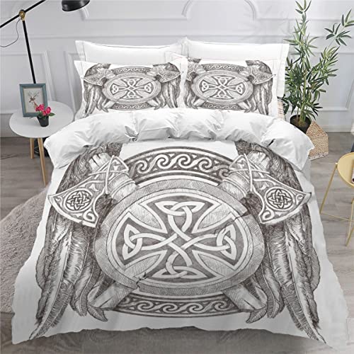 Vikings Housse de Couette 240 x 260cm Hache Celtique Parure de lit Insigne Viking Housse Couette Adulte Enfants Ado Garçons Fille Microfibre avec 2 taies 50x75cm Noir Blanche Cover