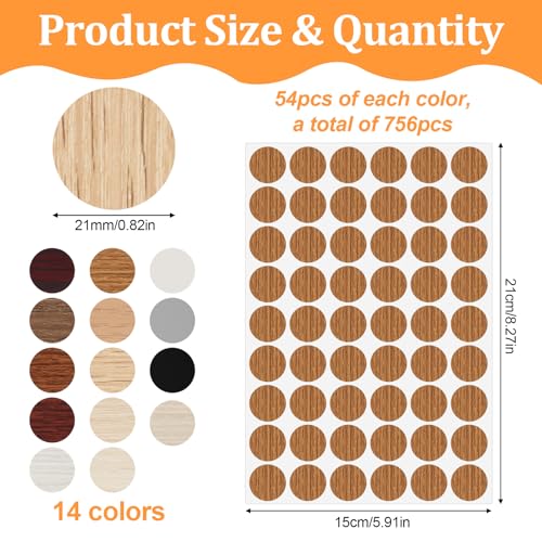 756 Stück Selbstklebend Abdeckkappen, 14 Farben Schraubenabdeckung, 21 mm Rund Bohrloch Abdeckung mit Holzmaserung und Volltonfarbe, Wasserdicht Abdeckkappen für Schrauben Bohrlöcher Möbel