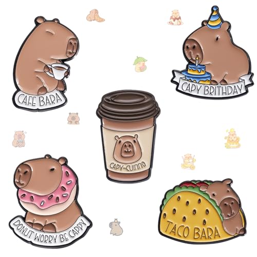 Image of 5Pcs Cartoon Capybara pin, Cute Animal Enamel Pin, Birthday Cake Donut Coffee Corn Roll Lapel Pin Alloy Backpack Pin Enamel Badge Suitable for Daily Decoration Clothes Sweater Hat Bag Collection Party Gift