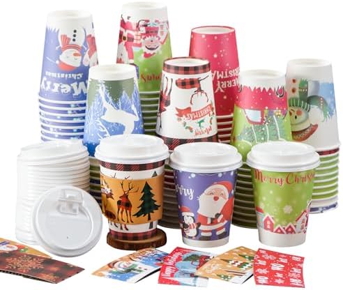 Christmas Cups with Lids and Sleeves 12oz Disposable Coffee Cups with Lids Hot Chocolate Cups 10 Designs, Christmas Paper Cups for Hot Cocoa Bar Supplies, 90 Pieces