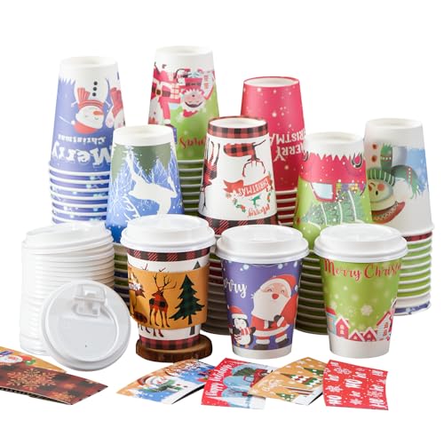 Dorizeg Christmas Cups with Lids and Sleeves 12oz Disposable Coffee Cups with Lids Hot Chocolate Cups 10 Designs, Christmas Paper Cups for Hot Cocoa Bar Supplies, 90 Pieces