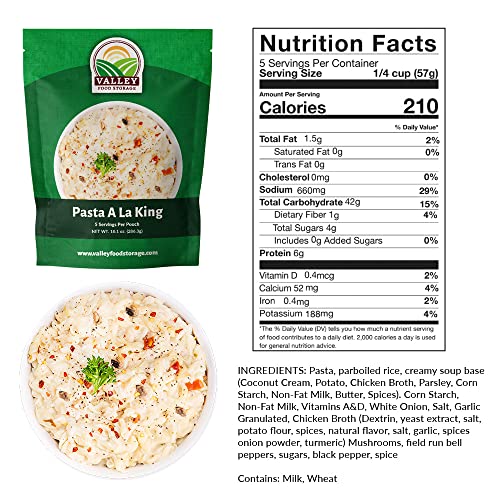 Image of Valley Food Storage Pasta A La King | 10-Bag Bucket, 50 Servings | Non-GMO Premium Emergency Food Supply, 25 Year Shelf Life | Survival Meal Kits, Prepper Food & Off-Grid Living Supplies, Packaged in USA