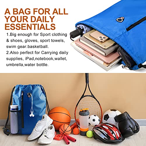 Image of BeeGreen Royalblue Draw Strap Backpack For Men With Water Bottle Pocket &Front Zippered Pocket Large String Bags For Traveling Yoga Beach Outdoor Gym