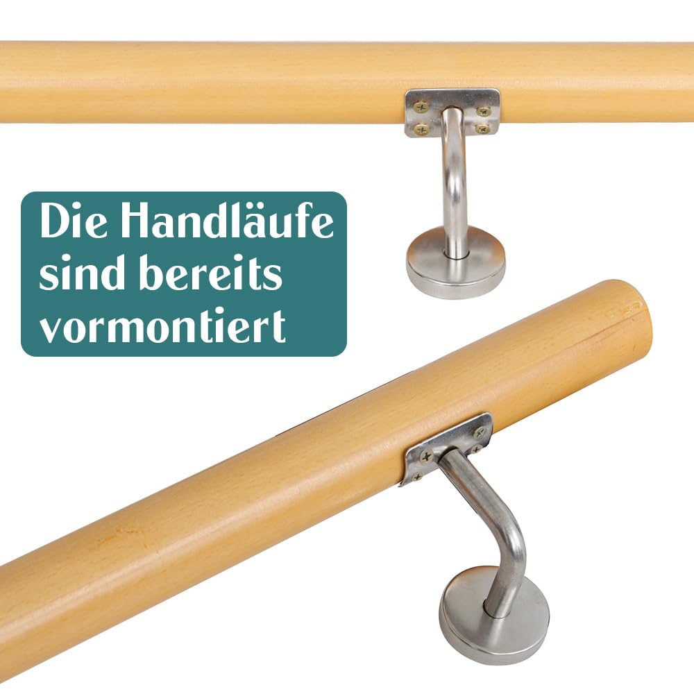 Buche Holz Handlauf Treppengeländer Geländer für Treppe Wandhandlauf Wand seitliche Montage Auswahl Länge 80-500 cm, Länge:180 cm