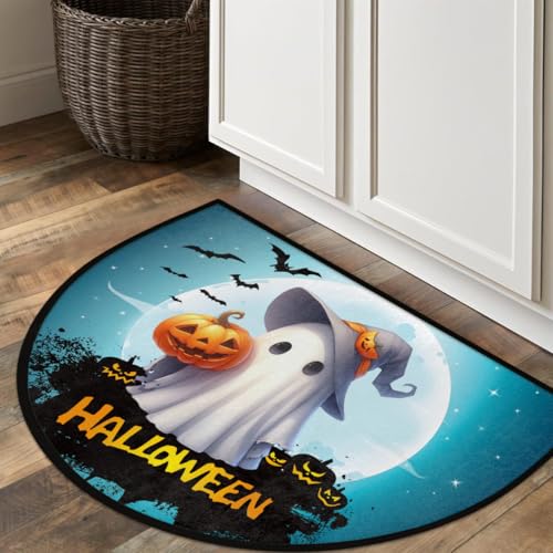 Image of cfpolar Half Round Door Mat Ghosts Halloween Pumpkin Bat Non-Slip Semi Circle Area Rug Washable Half Moon Hearth Rugs for Indoor Outdoor Bathroom Kitchen Patio Runner Mat Laundry Room Home Decoration