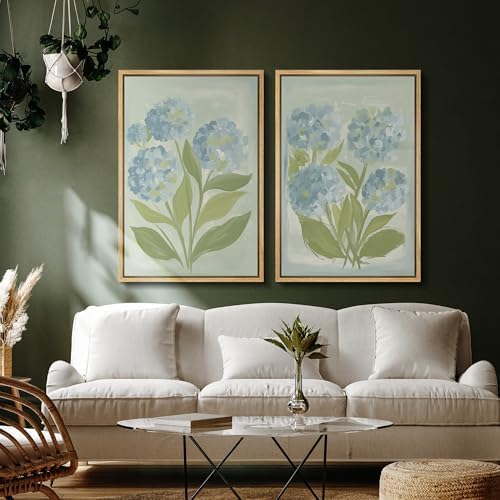 SIGNFORD Framed Canvas Print Wall Art Set Soft Hydrangea Pair Light Blue Florals with Green Leaves Illustration Modern Art Decorative Nature for Living Room, Bedroom, Office - 24"x36"x2 Natural - 4