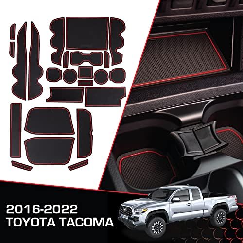 CupHolderHero fits Toyota Tacoma Accessories 2016-2023 Premium Custom Interior Non-Slip Anti Dust Cup Holder Inserts, Center Console Liner Mats, Door Pocket Liners 19-pc Set (Double Cab) (Red Trim)