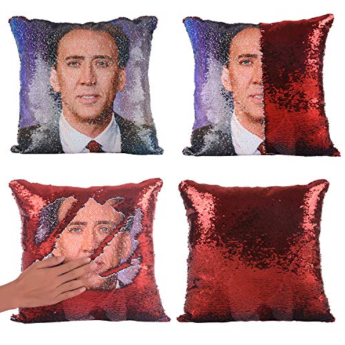 Merrycolor Mermaid Pillow Cover, Nicolas Cage Pillow Case Magic Reversible Sequin Pillow Cover Decorative Throw Cushion Case(D Nicolas Cage#1- Red Sequins)