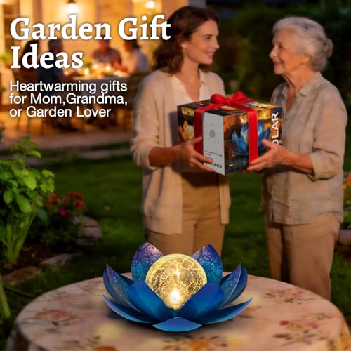 Huaxu Solar Lights Outdoor Garden Decoration Crackle Globe Glass Waterproof LED Metal Blue Lotus Flowers Gift for Mom,Women,Patio,Lawn,Walkway,Tabletop,Ground by Huaxu - Image 7