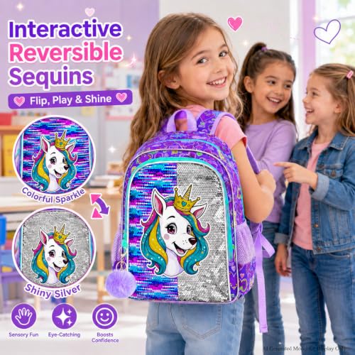 Image of 3Pcs Dog Backpack for Girls, 16 inch Sequin Bookbag Set for Kids, Elementary Preschool Preschool School Backpacks with Lunch Box (Purple)