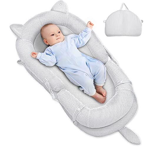 Bellababy Baby Lounger Portable & Foldable Nest Bed Snuggle Co-Sleeper Support Seat Soft & Breathable Mesh Surface Perfect for Crib Bassinet Floor & Traveling(0-2 Years) (Gray)