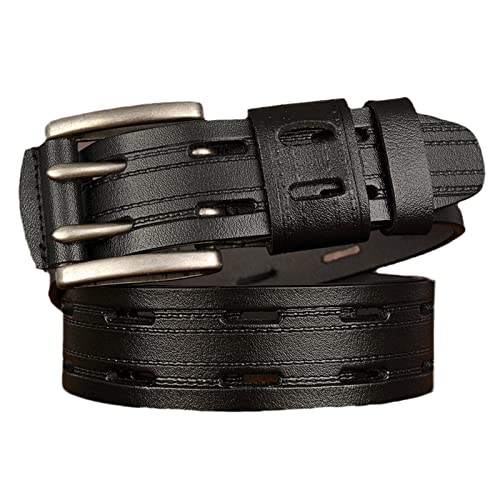 Double Prong Leather Belt - Heavy Duty Stitched Grommet Holes for Unisex Work and Casual Wear